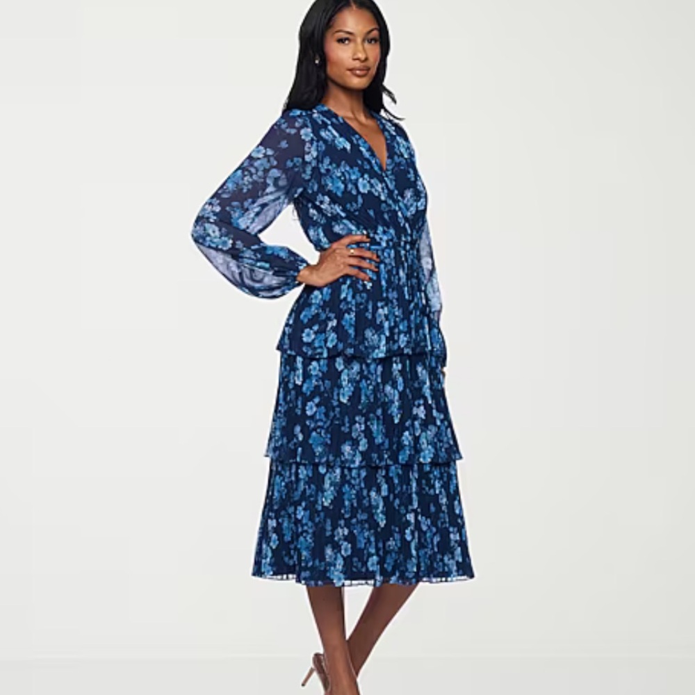 Premier Amour Blue Floral Tiered Midi Dress Sz 8 NWT